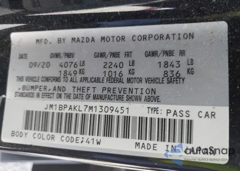 2021 Mazda 3 Select z USA, uszkodzony, nr VIN JM1BPAKL7M1309451